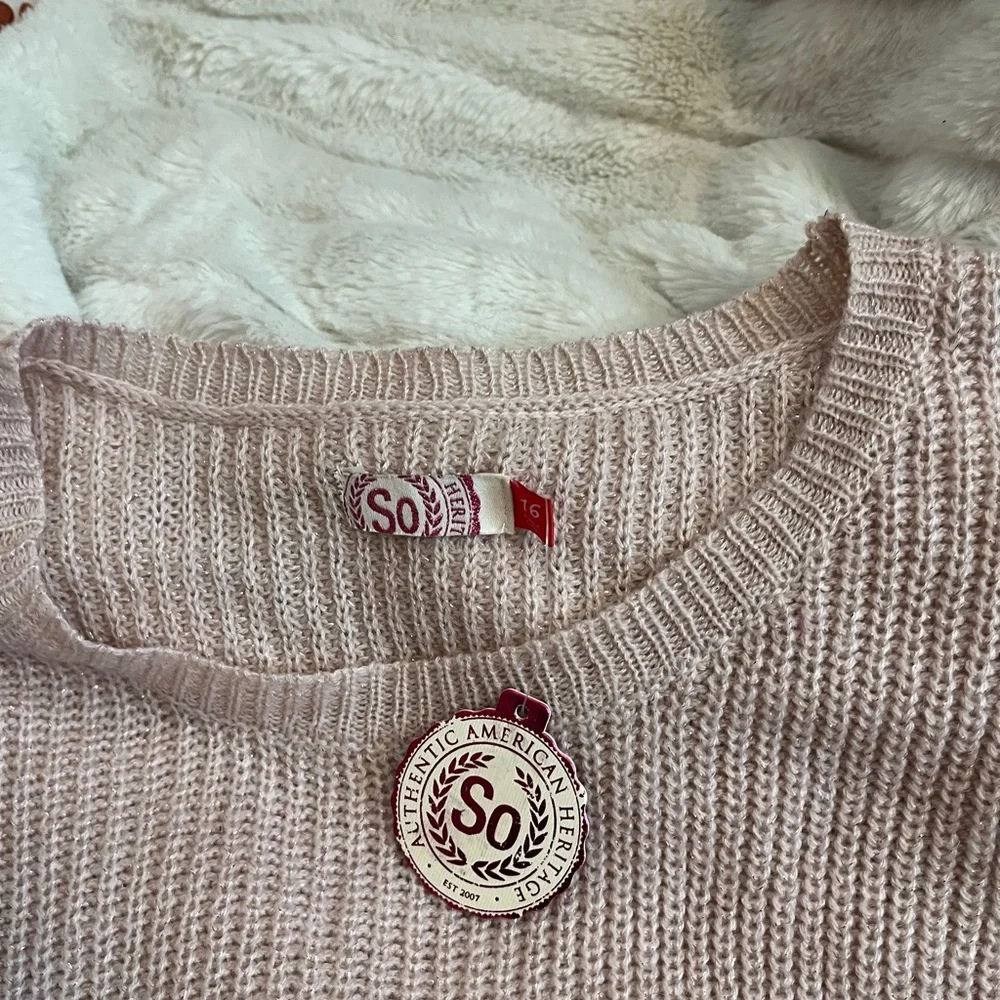 NWT SO Girls XL/16 Pale Pink Gold Heart Ruffle Hem Fall Winter Valentine Sweater